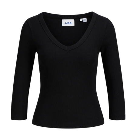 JJXX Fifi 3/4 ærme rib V-hals bluse - Sort