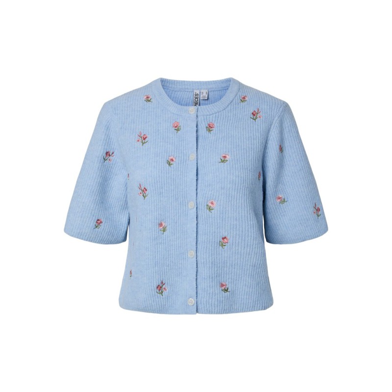 PIECES Silly kortærmet strik cardigan - Cashmere Blue / White flower