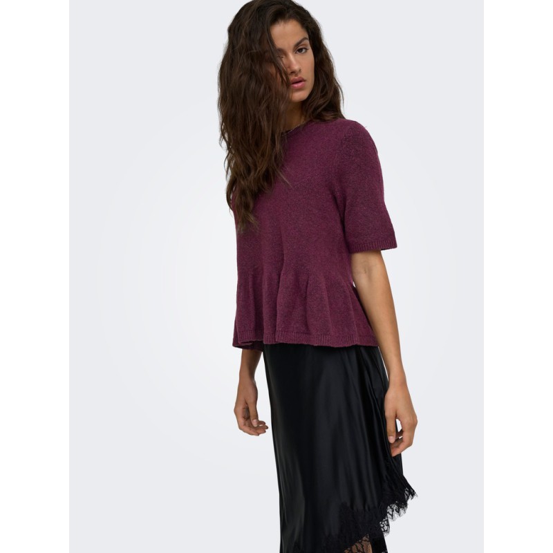 JDY Brilliant life peplum kortærmet strikbluse - Windsor Wine / MELANGE