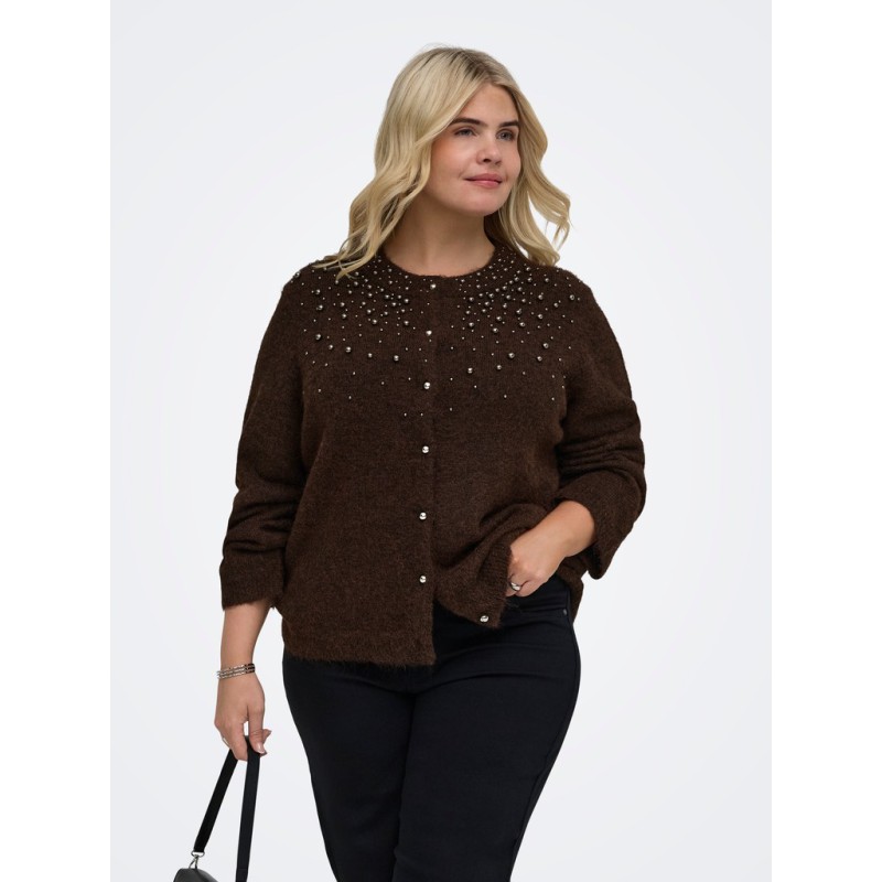 ONLY CARMAKOMA Miggie langærmet perle strikcardigan - Coffee Bean