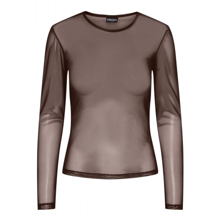 PIECES Ninni langærmet mesh top - Hot Fudge