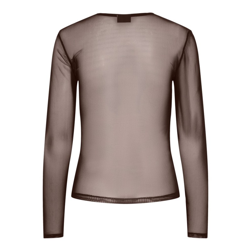 PIECES Ninni langærmet mesh top - Hot Fudge