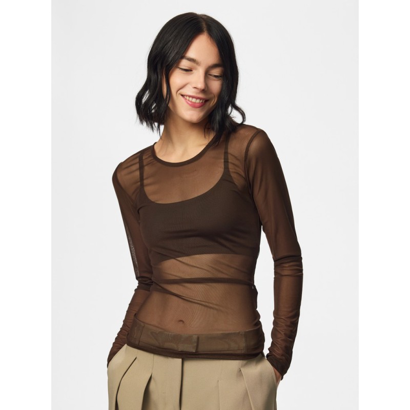 PIECES Ninni langærmet mesh top - Hot Fudge