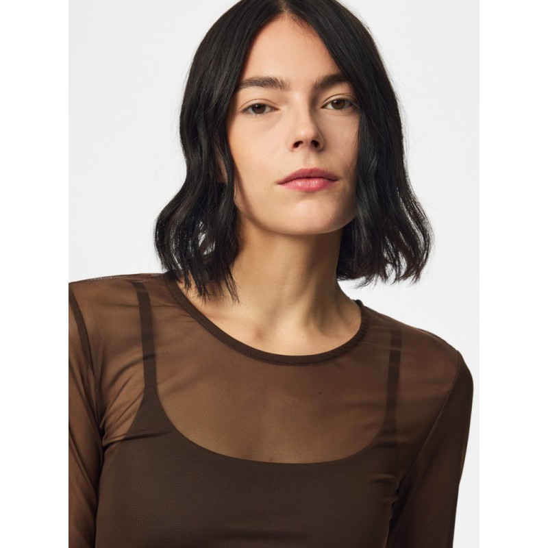 PIECES Ninni langærmet mesh top - Hot Fudge