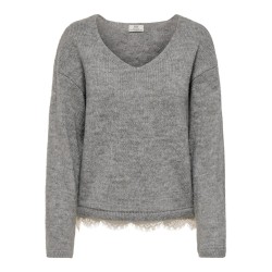 JDY Stephanie v-neck lace striktrøje - Light Grey Melange / White Lace