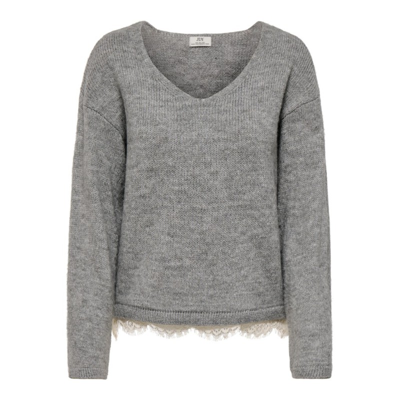 JDY Stephanie v-neck lace striktrøje - Light Grey Melange / White Lace
