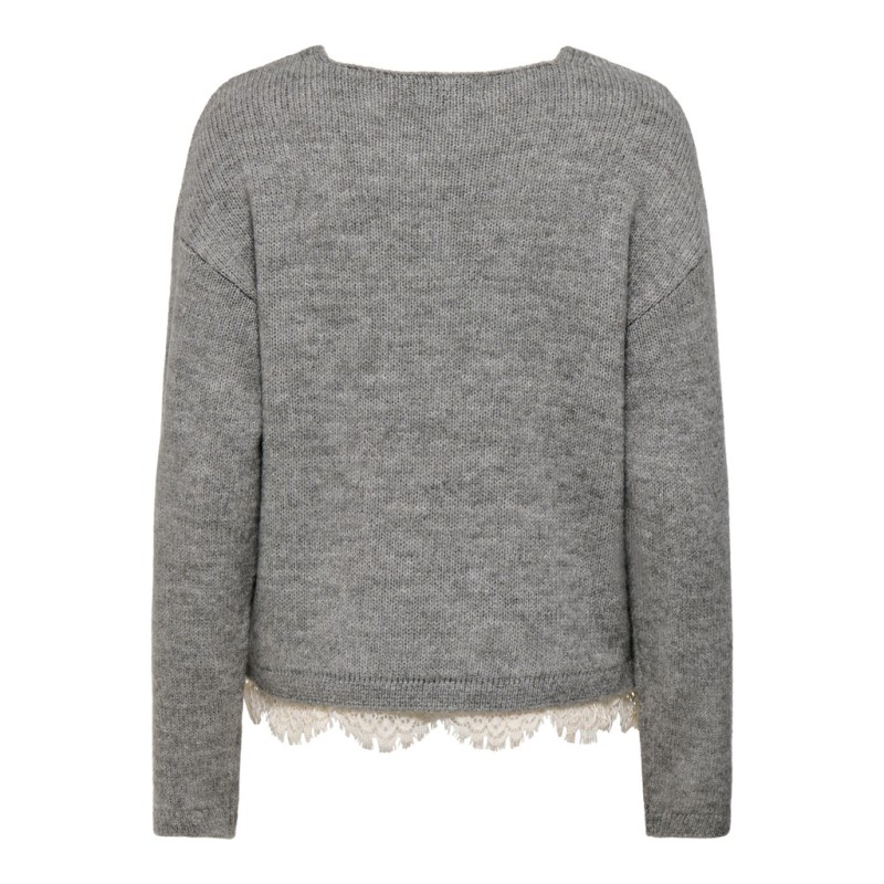 JDY Stephanie v-neck lace striktrøje - Light Grey Melange / White Lace