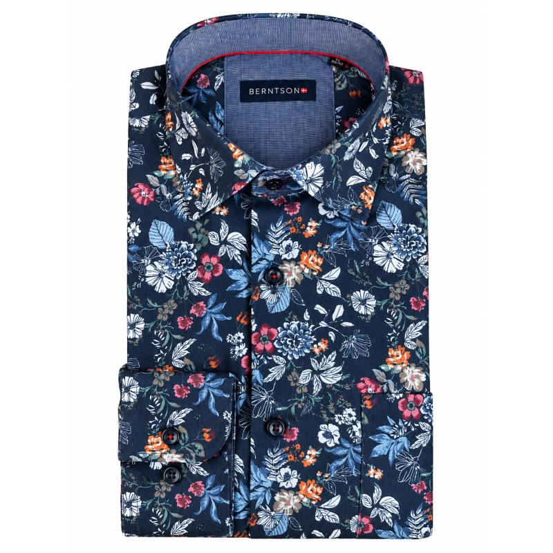 BERNTSON Strygefri langærmet skjorte - Navy / Flower