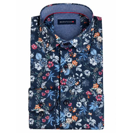 BERNTSON Strygefri langærmet skjorte - Navy / Flower