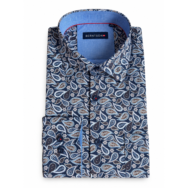 BERTNSON Strygefri langærmet skjorte - Dark Navy Print