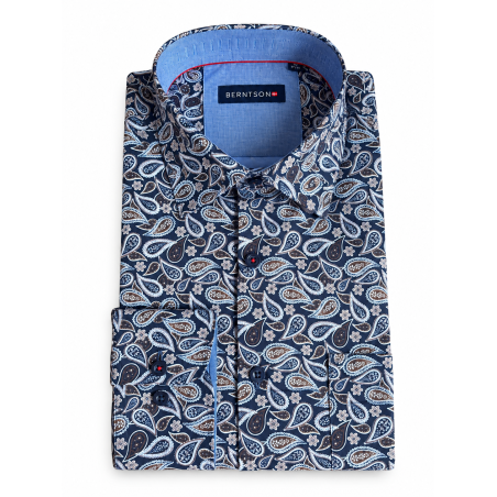 BERTNSON Strygefri langærmet skjorte - Dark Navy Print