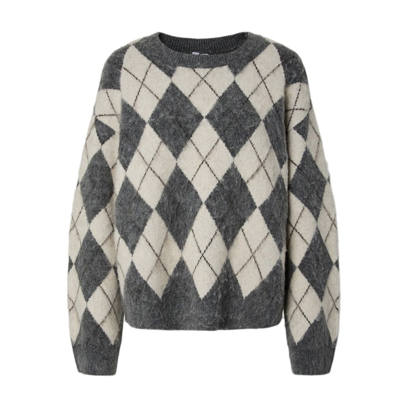 PIECES Alva loose check striktrøje - Dark Grey Melange
