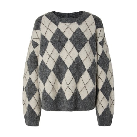 PIECES Alva loose check striktrøje - Dark Grey Melange