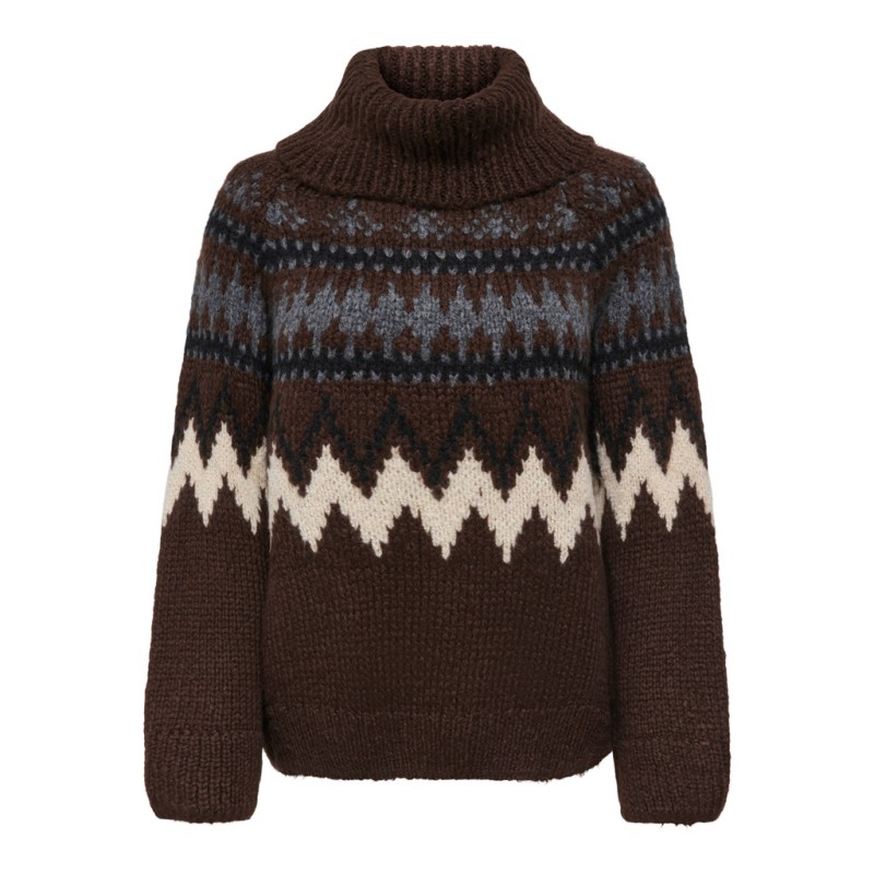 ONLY Cosy fairisle gighneck striktrøje - Coffee Bean