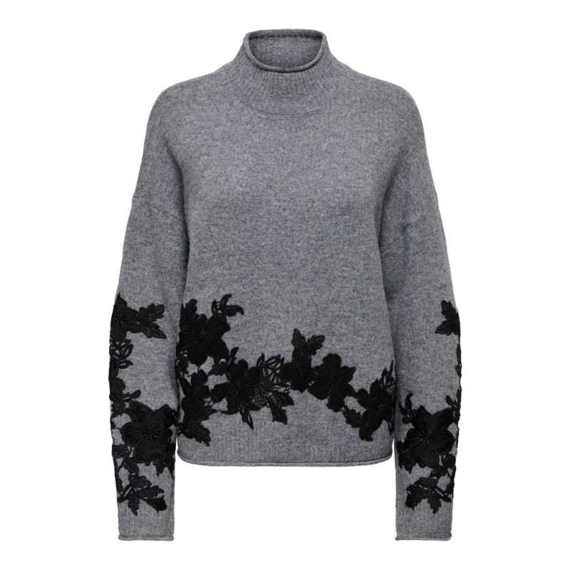 ONLY Lisa highneck detail striktrøje - Medium Grey Melange / Embroidery