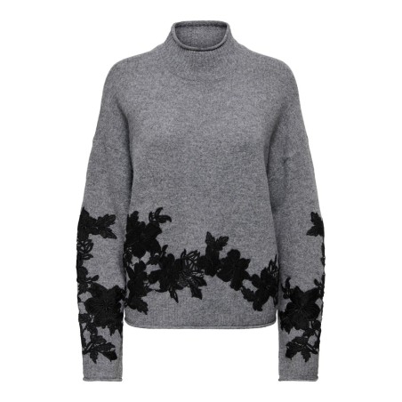 ONLY Lisa highneck detail striktrøje - Medium Grey Melange / Embroidery
