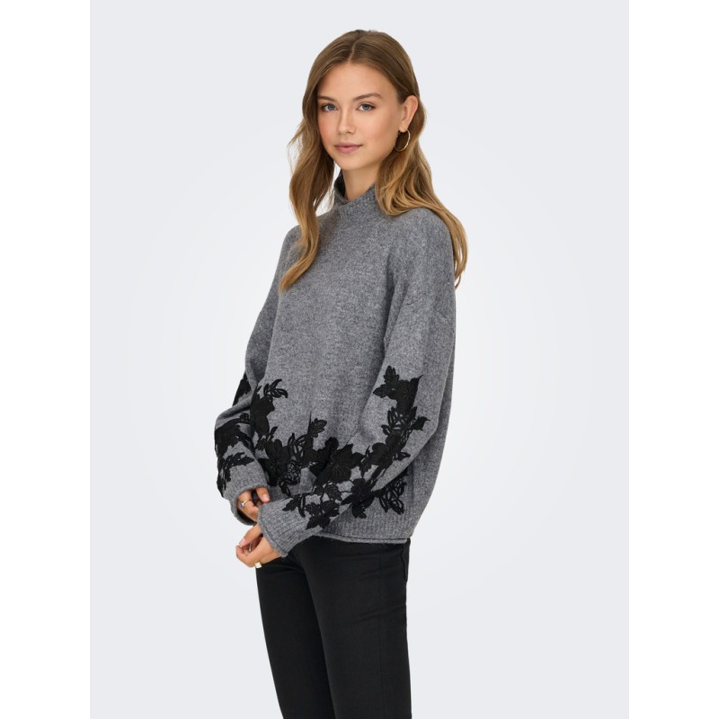 ONLY Lisa highneck detail striktrøje - Medium Grey Melange / Embroidery
