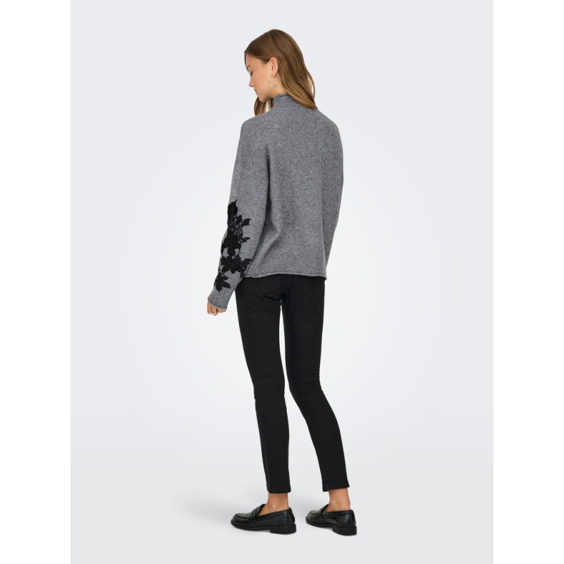 ONLY Lisa highneck detail striktrøje - Medium Grey Melange / Embroidery