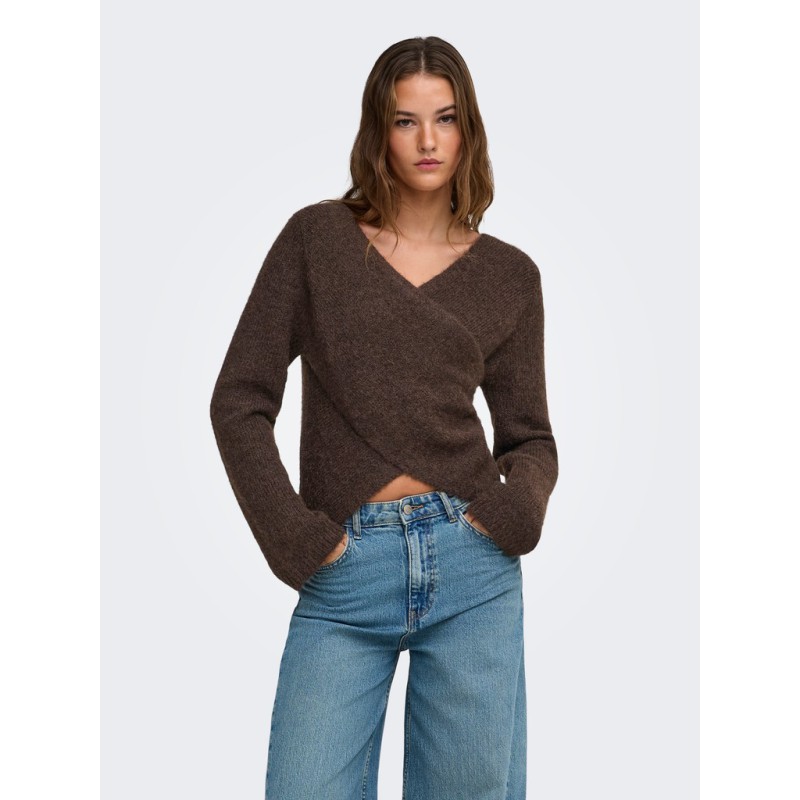 ONLY Maggie cross v-neck striktrøje - Coffee Bean / Melange