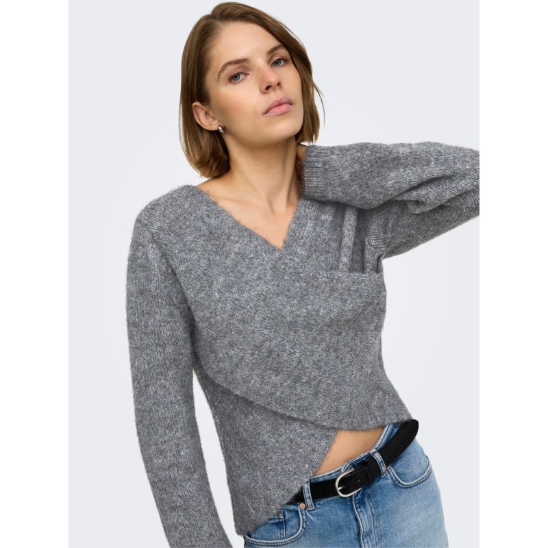 ONLY Maggie cross v-neck striktrøje - Medium Grey Melange