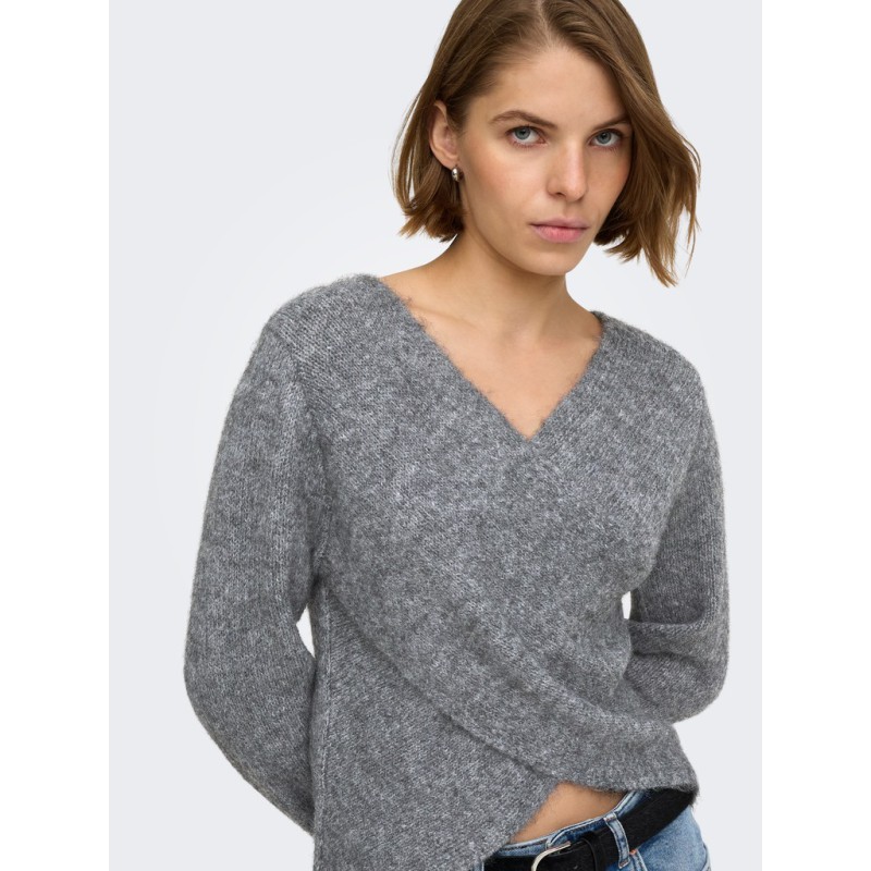 ONLY Maggie cross v-neck striktrøje - Medium Grey Melange