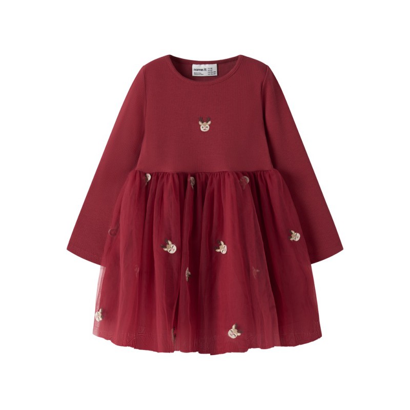 NAME IT MINI Pige - Veroos tulle julekjole - Red Dahlia / Reindeer