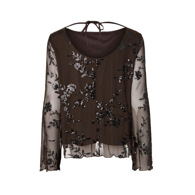 PIECES Vita langærmet loose mesh top - Wren / Sort Palietter