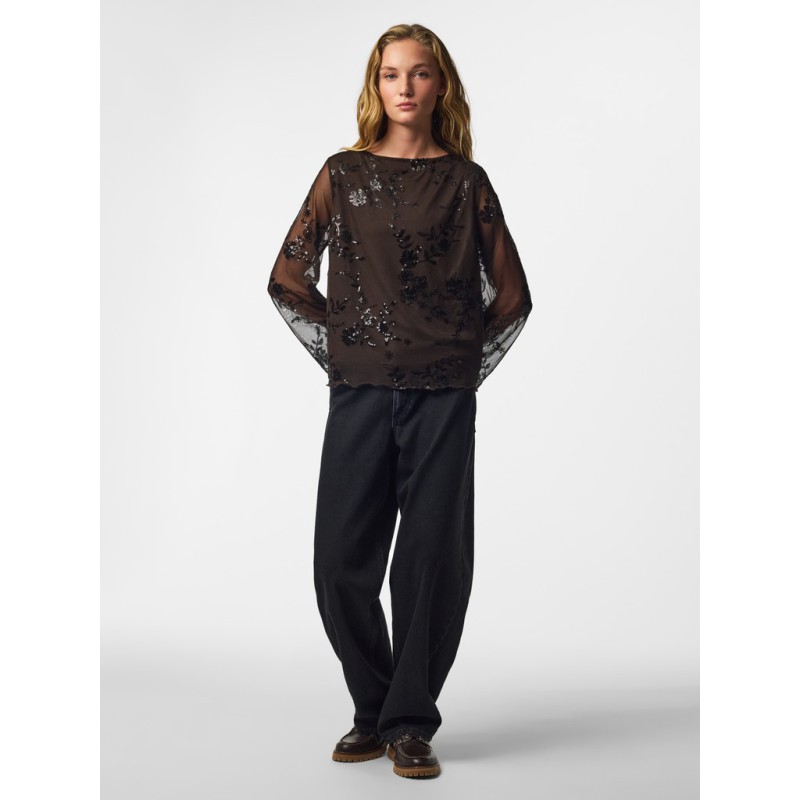 PIECES Vita langærmet loose mesh top - Wren / Sort Palietter