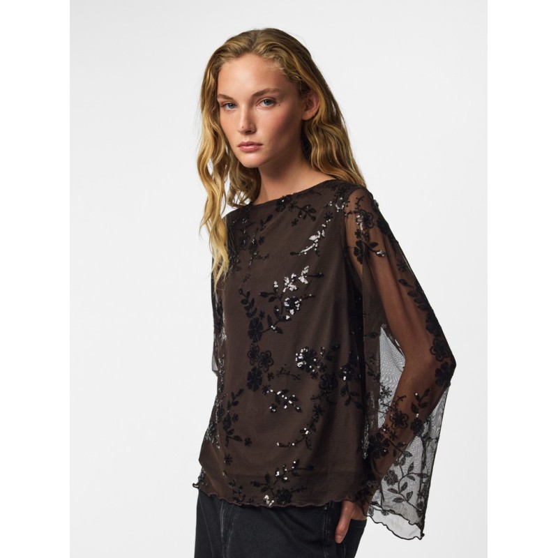 PIECES Vita langærmet loose mesh top - Wren / Sort Palietter