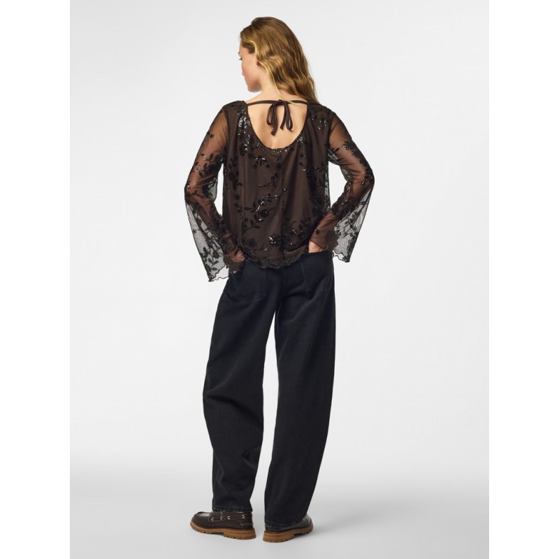 PIECES Vita langærmet loose mesh top - Wren / Sort Palietter