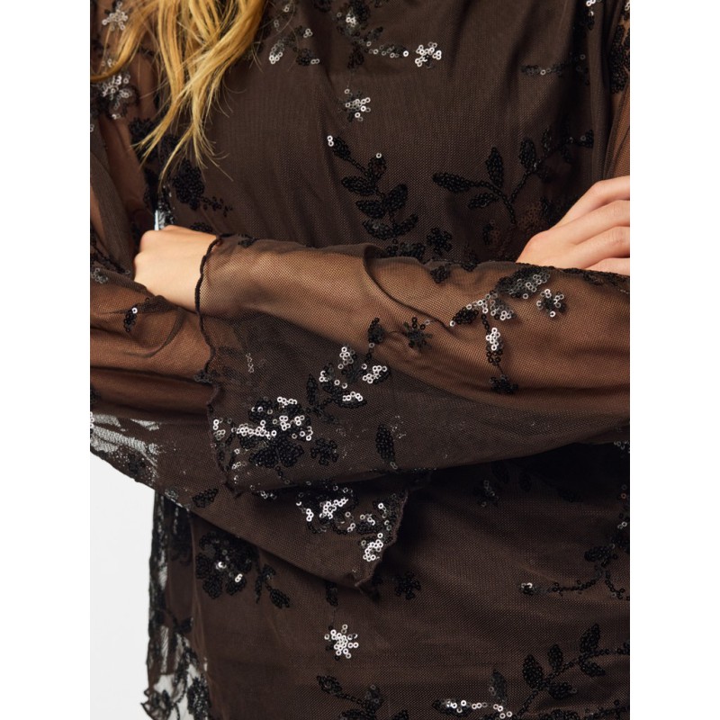 PIECES Vita langærmet loose mesh top - Wren / Sort Palietter