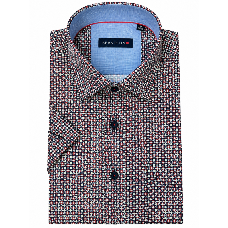 BERNTSON Strygefri kortærmet skjorte - Navy Blue / Burgundy