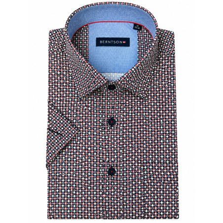 BERNTSON Strygefri kortærmet skjorte - Navy Blue / Burgundy