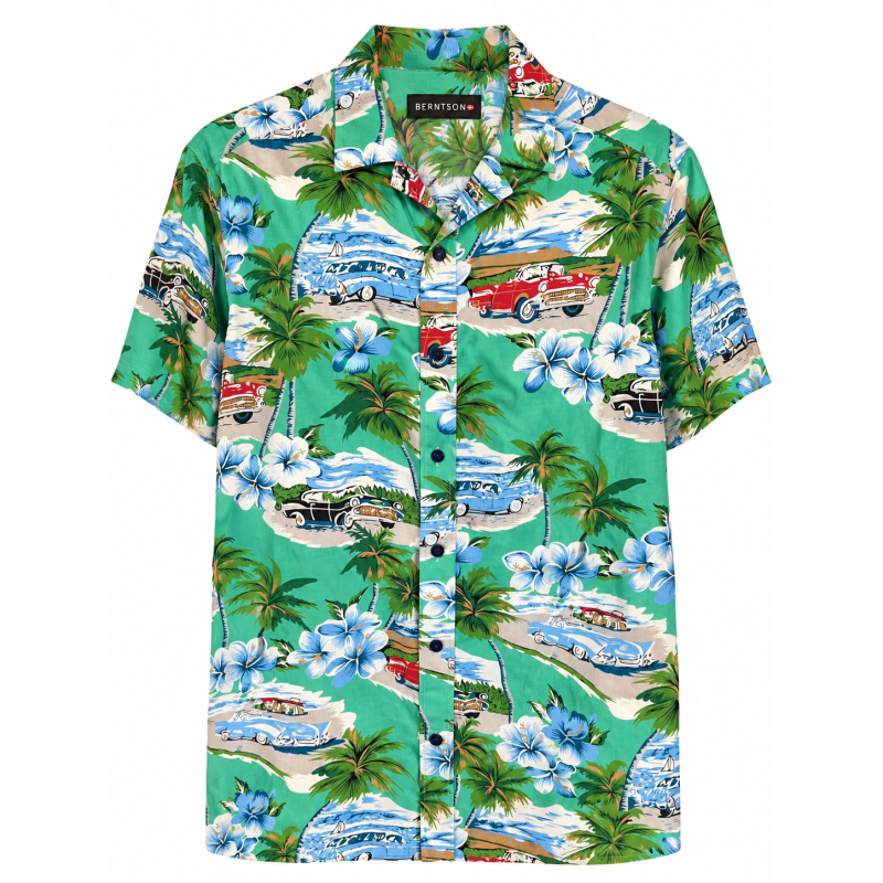 BERNTSON Kortærmet retro hawaii skjorte - Green
