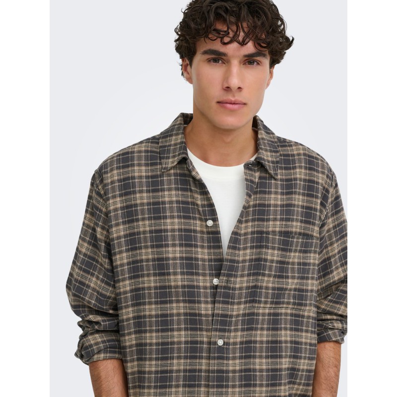 ONLY & SONS Hale flannel relaxed skjorte - Grey Pinstripe