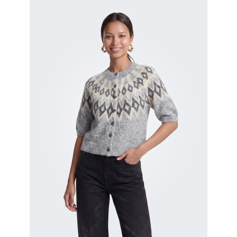 ONLY Reykja kortærmet strik cardigan - Light Grey Melange / Fair Isle / Birch Mel