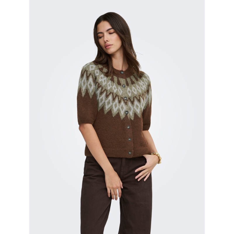 ONLY Reykja kortærmet strik cardigan - Coffee Bean / Fair Isle / Smokey