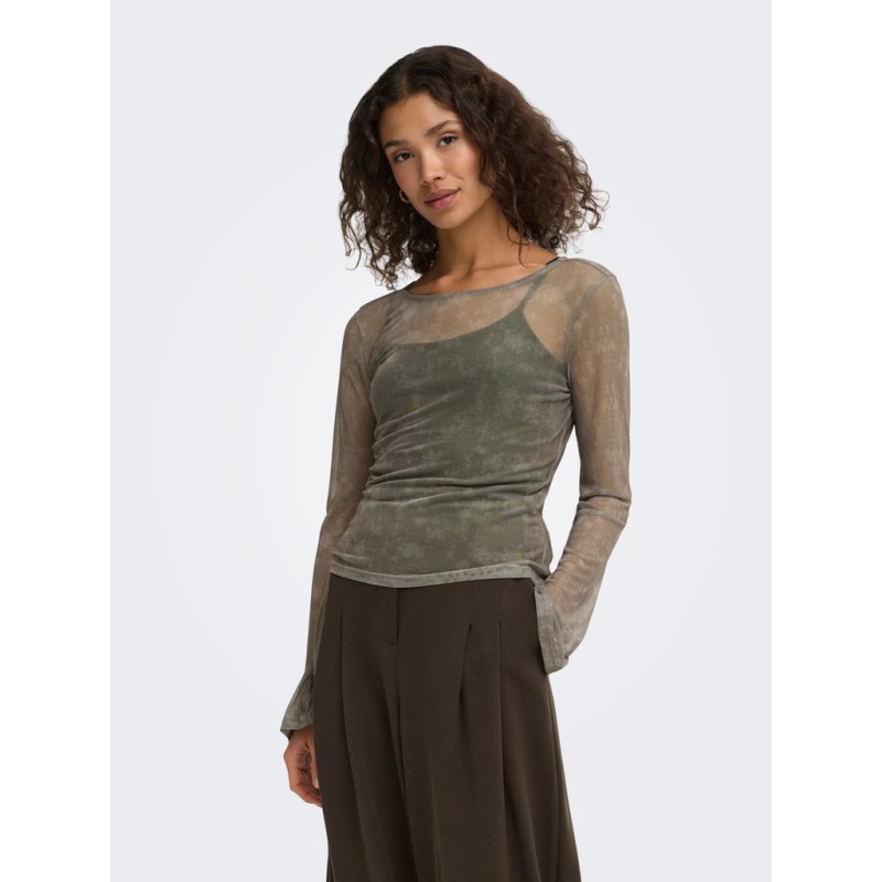 ONLY Nox langærmet boatneck mesh bluse - Walnut / Camouflage