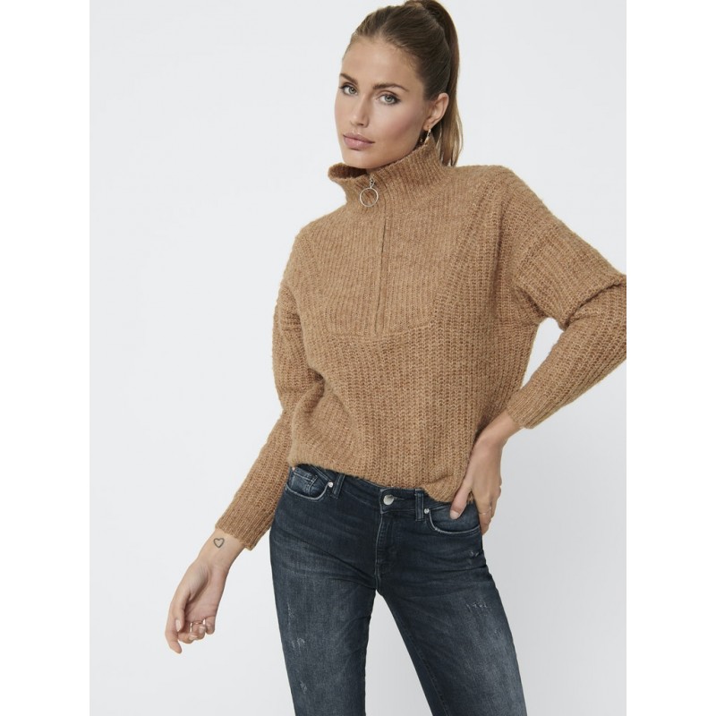 ONLY Emily Strik Zip Pullover - Camel