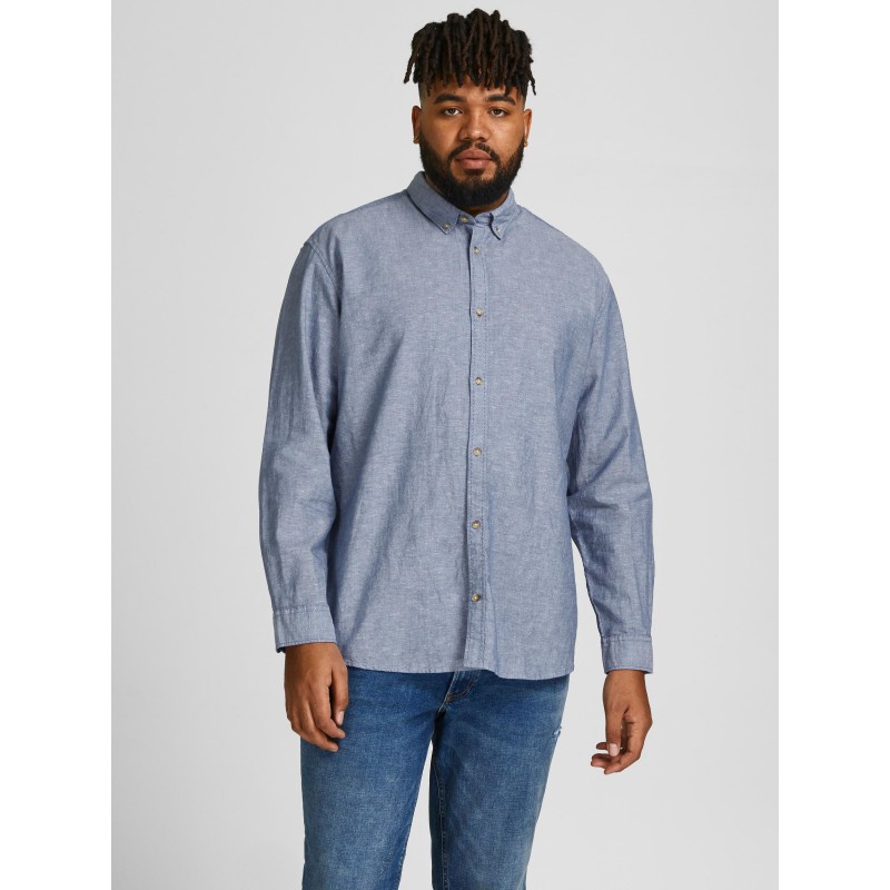 JACK & JONES PLUS Langærmet Hør Skjorte - Lyseblå Meleret