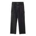 LMTD Liza Brede Lavtaljede Cargo Bukser - Black Denim