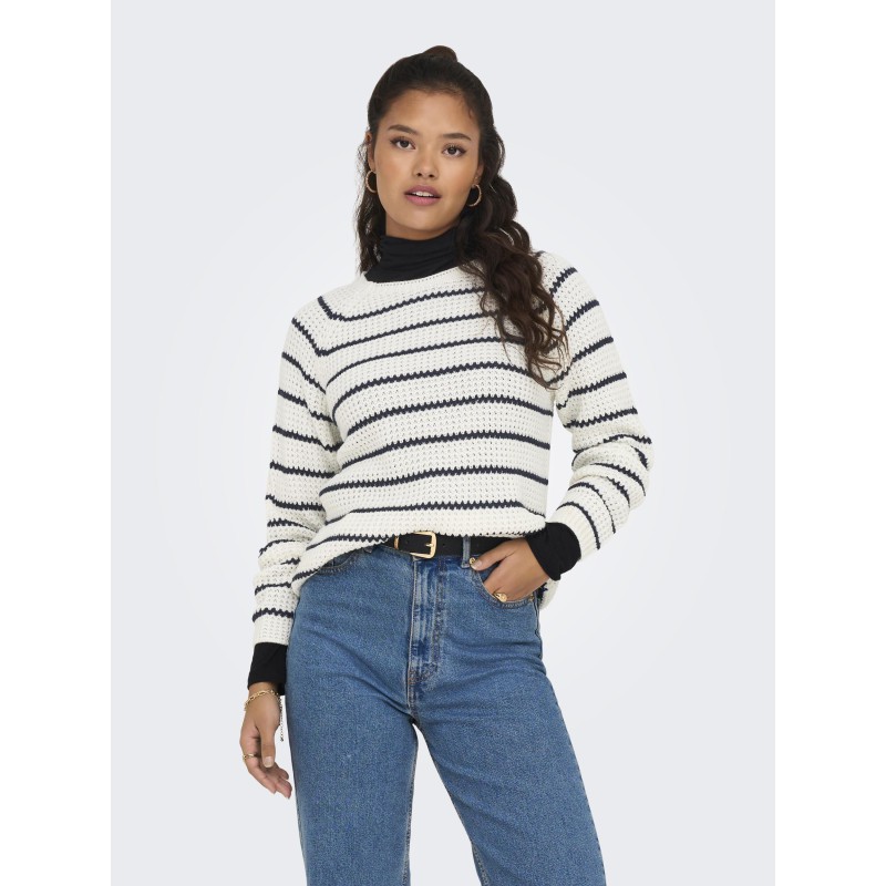 JDY Ellen L/S Raglan Strik Stribet Pullover - Cloud Dancer / Sky Captain