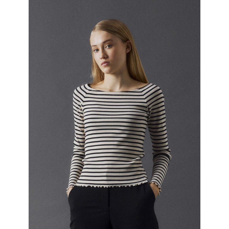 LMTD Rille Langærmet Boatneck Top - Hvid Alyssum