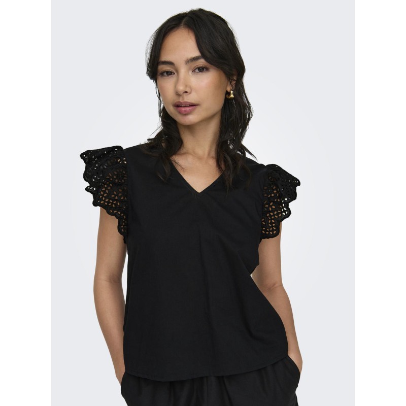 ONLY Lou Broderet S/S Flæse Top - Sort