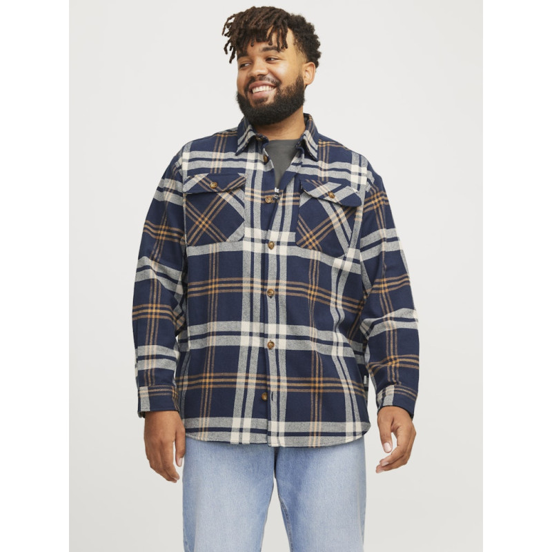 JACK & JONES Plus Size Raymond Melange Check Overshirt - Night Sky