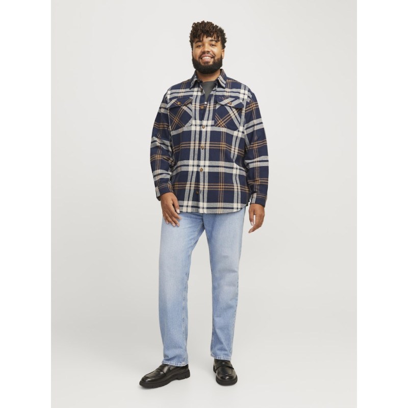 JACK & JONES Plus Size Raymond Melange Check Overshirt - Night Sky