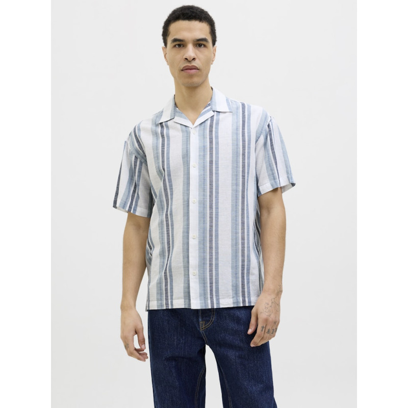JACK & JONES PREMIUM Summer Stribet Resort S/S Hør Skjorte - Ashley Blue