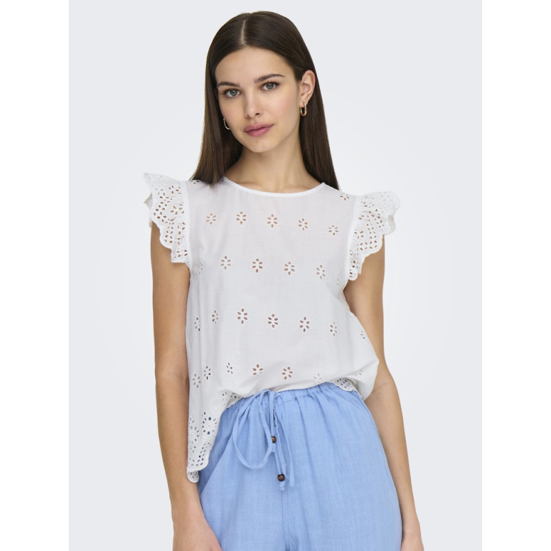 ONLY Lou Life S/S Broderet Top Med Åben Ryg - Bright White