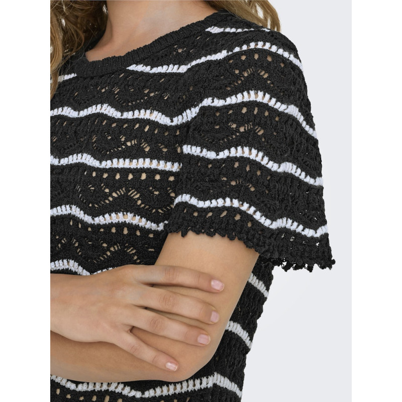 ONLY Annasofia Life S/S Stribet Strik Top - Sort / Cloud Dancer