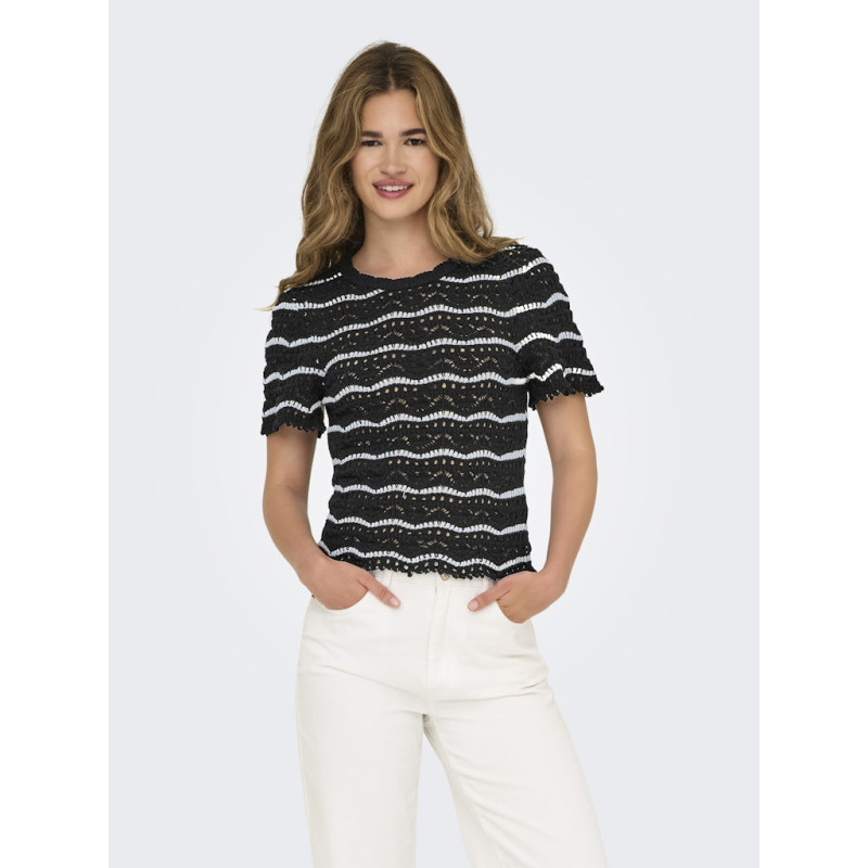 ONLY Annasofia Life S/S Stribet Strik Top - Sort / Cloud Dancer